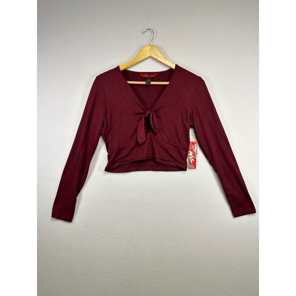 Hot Kiss Women's Burgundy Long Sleeve Tie‎ Front Crop Top Shirt Size Medium